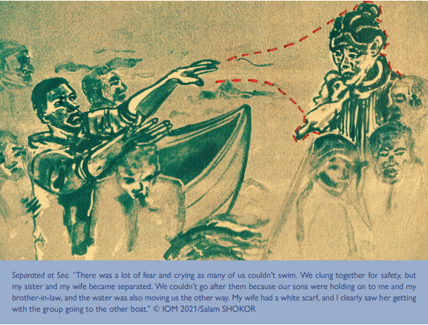 One of the IOM illustrations highlights Sudanese migrant Munir's moment of separation from his wife | Source: IOM