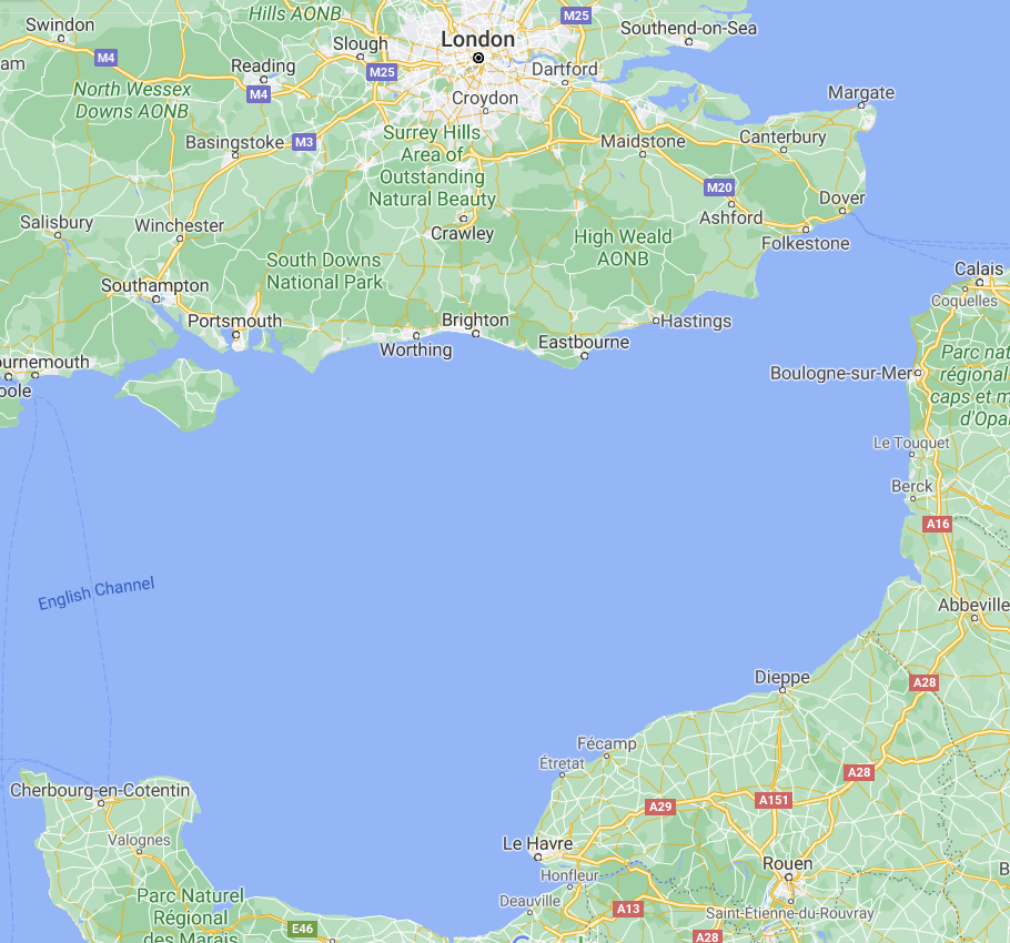 At its narrowest point, the English Channel between northern France and the UK measures only 33 kilometers in distance | Source: Google Maps