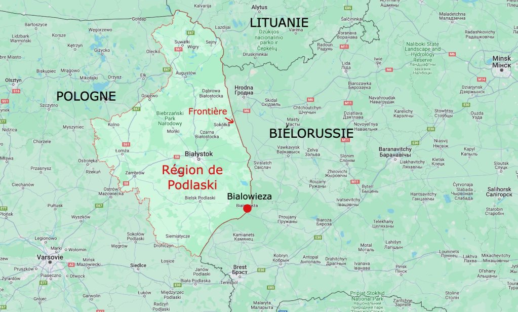 La région frontalière de Podalski concentre les passages de migrants depuis la Biélorussie. Crédit : Google Maps