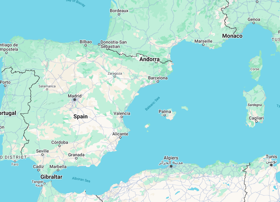 A map of Spain, the Balearics of its east coast, and the north coast of Algeria | Source: Google maps