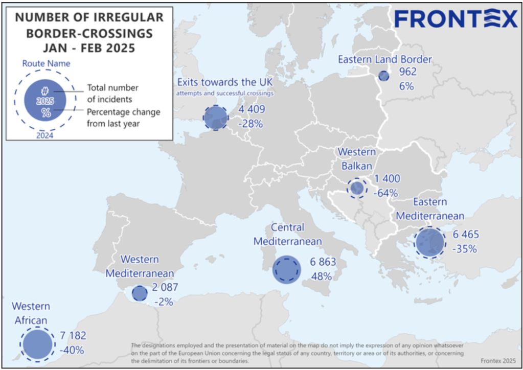 This map released by Frontex compares the number of irregular border crossings into the European Union in the months of January 2025 and February 2025 | Source: Frontex
