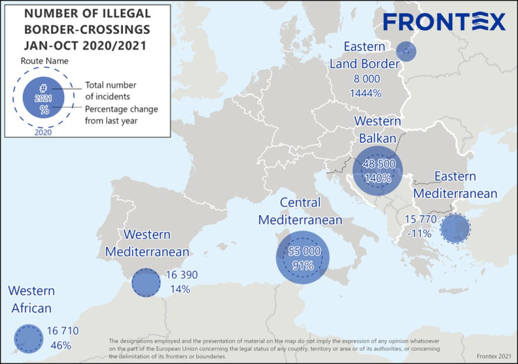 This map released by Frontex shows the number of irregular border crossings into the European Union between January and October 2021 and the changes compared to the same period in 2020 | Source: Frontex