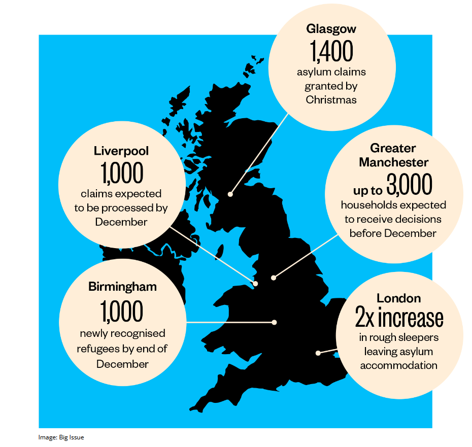 A map printed in the Big Issue's article shows some of the big cities who have been told to expect increases in the numbers of asylum seekers who could be at risk of homelessness before the end of the year | Source: The Big Issue