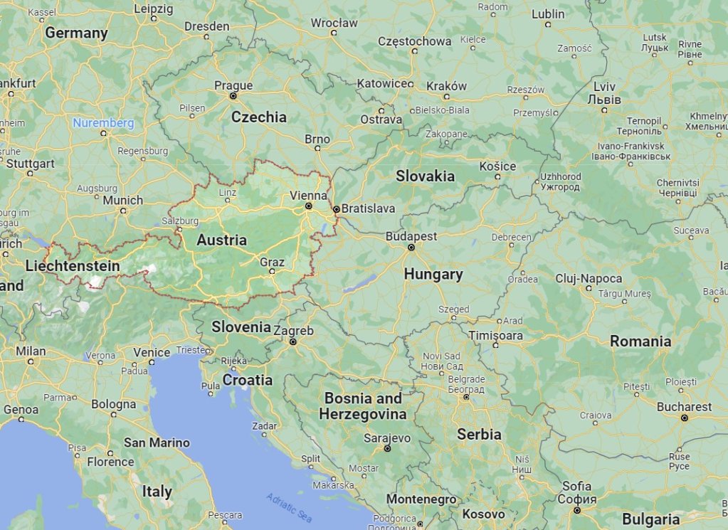 Map showing Austria and surrounding countries | Source: Google Maps