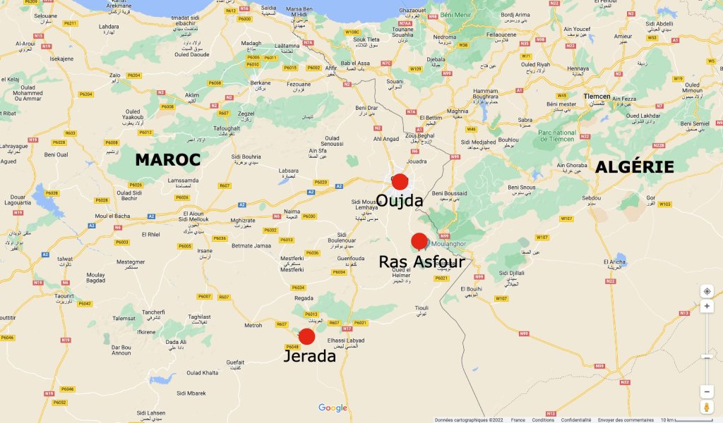 La forêt de Ras Asfour se situe près de la frontière qui sépare le Maroc de l'Algérie. Crédit : Google Maps