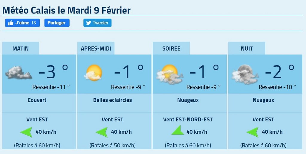 درجات الحرارة المتوقعة ليوم الثلاثاء 9 شباط\فبراير 2021 في كاليه شمال فرنسا. موقع الأرصاد الجوية الفرنسية