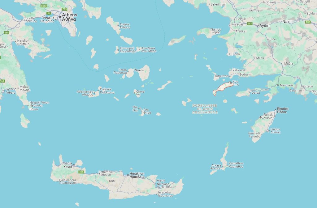 The Greek Aegean Island of Kos (center right) | Credit: Google Maps