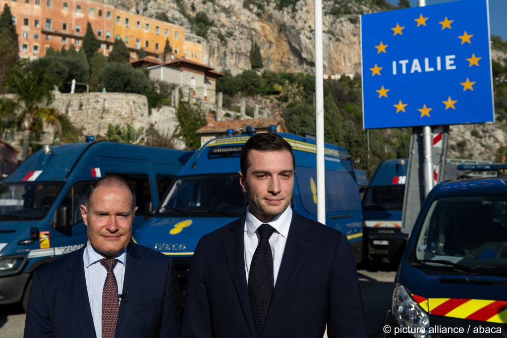 The former head of Frontex, Fabrice Leggeri, and French far-right Rassemblement National (RN) party president Jordan Bardella visit the border office between France and Italy in Menton, France on February 19, 2024. | Photo by Laurent Coust/ABACA
