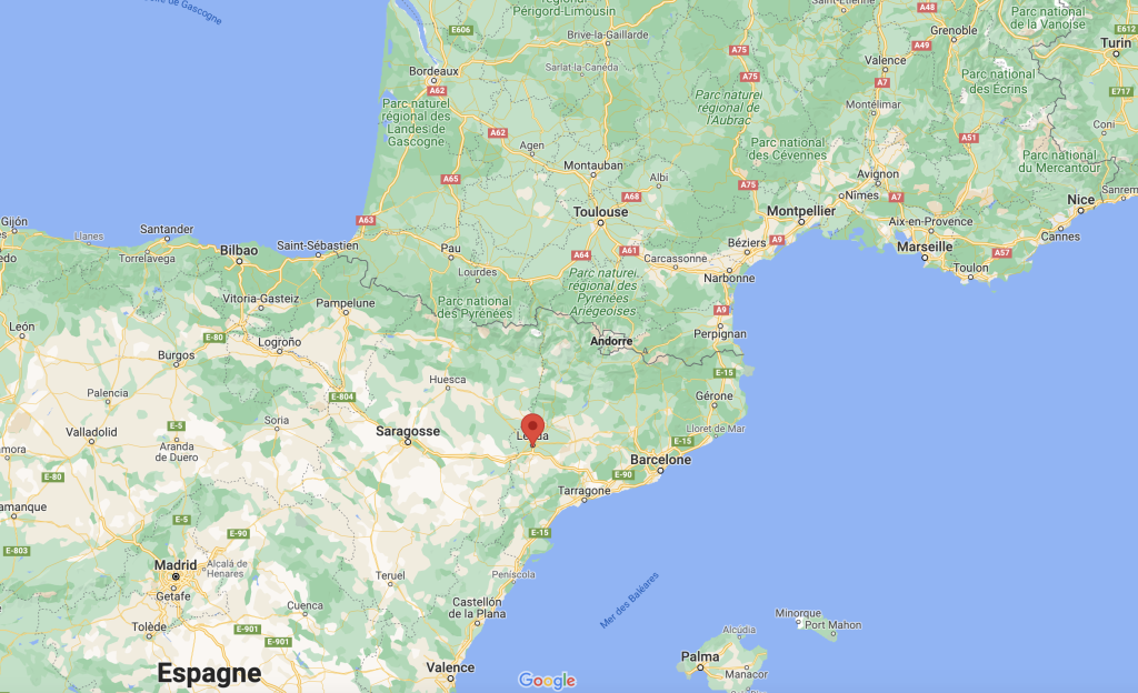 Environ 330 km séparent les villes de Lérida, en Espagne, et de Toulouse en France. Crédit : Google Map