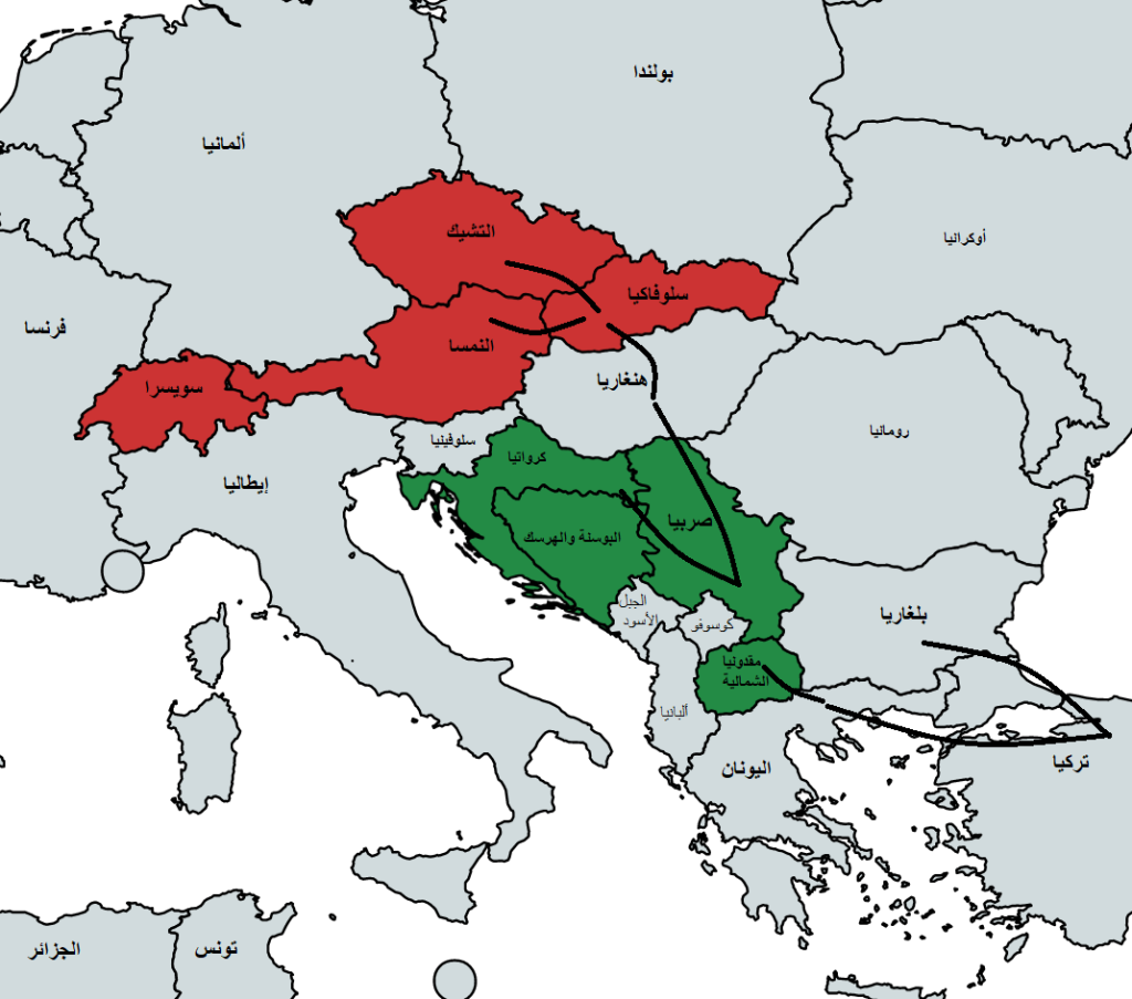 خريطة توضح طريق البلقان