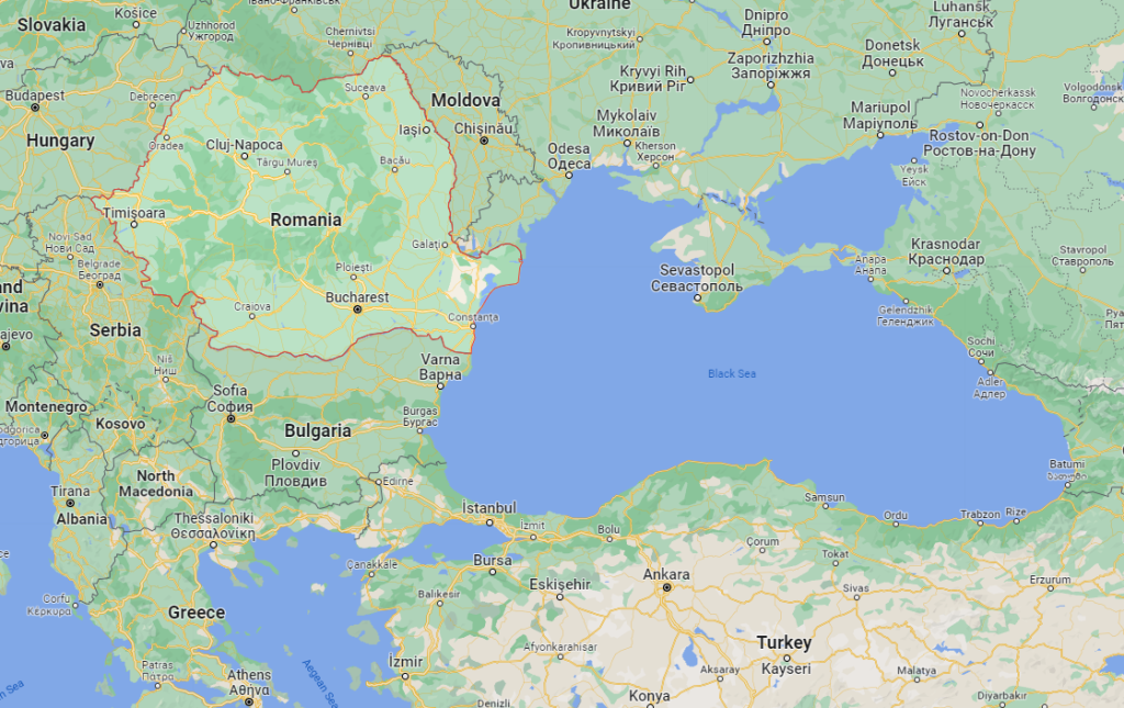 Map of the Black Sea with bordering states Bulgaria, Romania, Turkey and others | Source: Google Maps