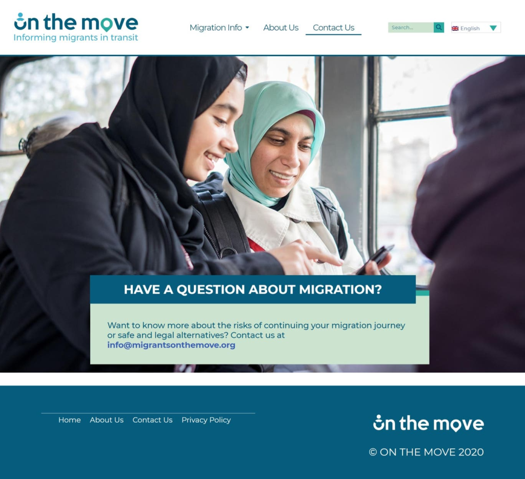 Sur la page "contact" du site "On the Move", le Home Office n'est jamais mentionné. Crédit : Capture d'écran/On the Move