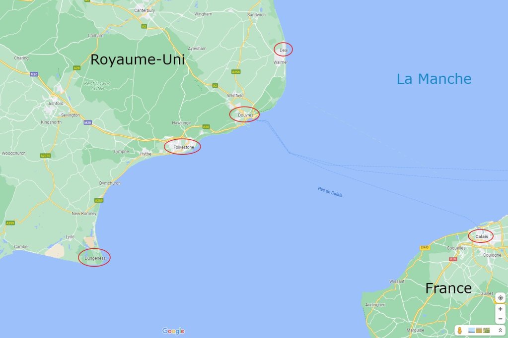 Les militants pro et anti-migrants arpentent la côte du Kent, depuis Deal jusqu'à Dungeness. Crédit : Google map