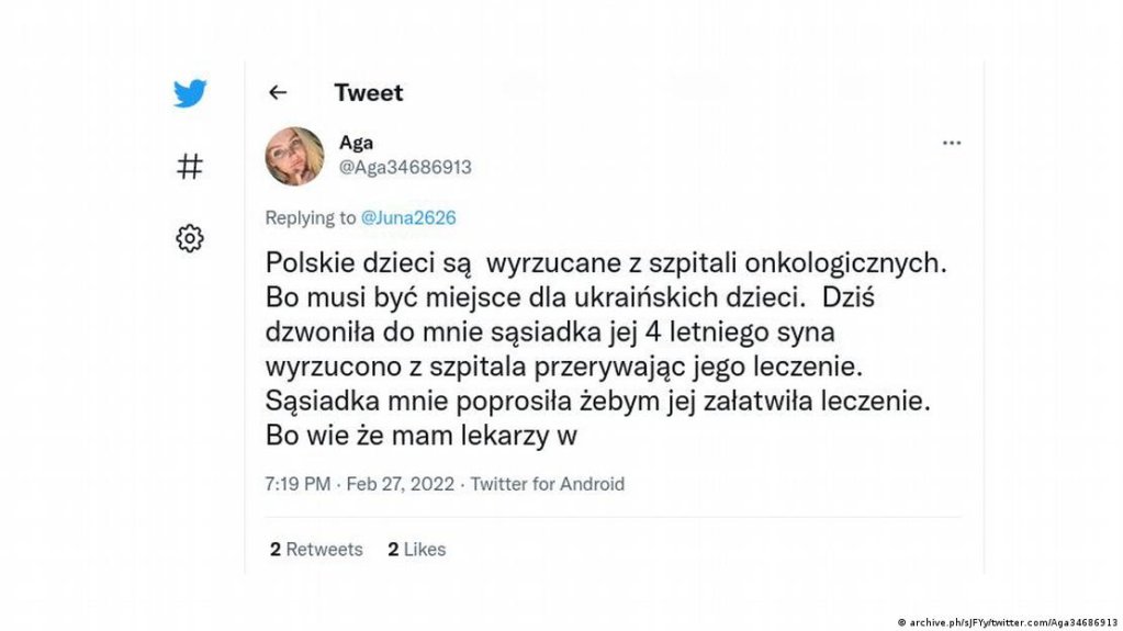 According to this tweet, children with cancer were sent home from hospital to make room for Ukrainian refugees | Photo: archive.ph/sJFYy/twitter.com/Aga34686913