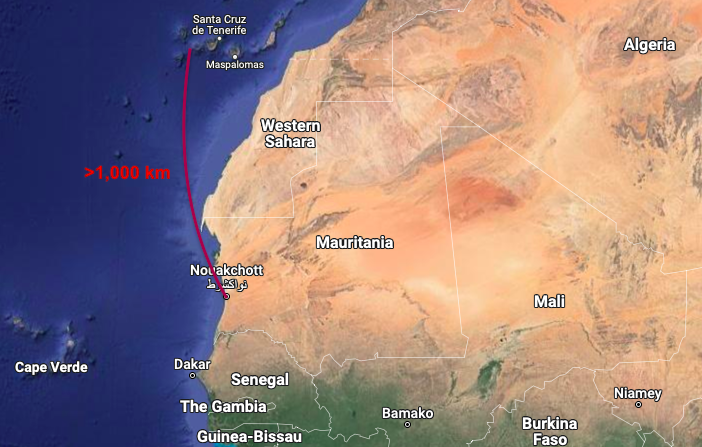 The distance from the Mauritanian capital Nouakchott to the Canary Island is more than 1,000 kms | Source: Google Maps