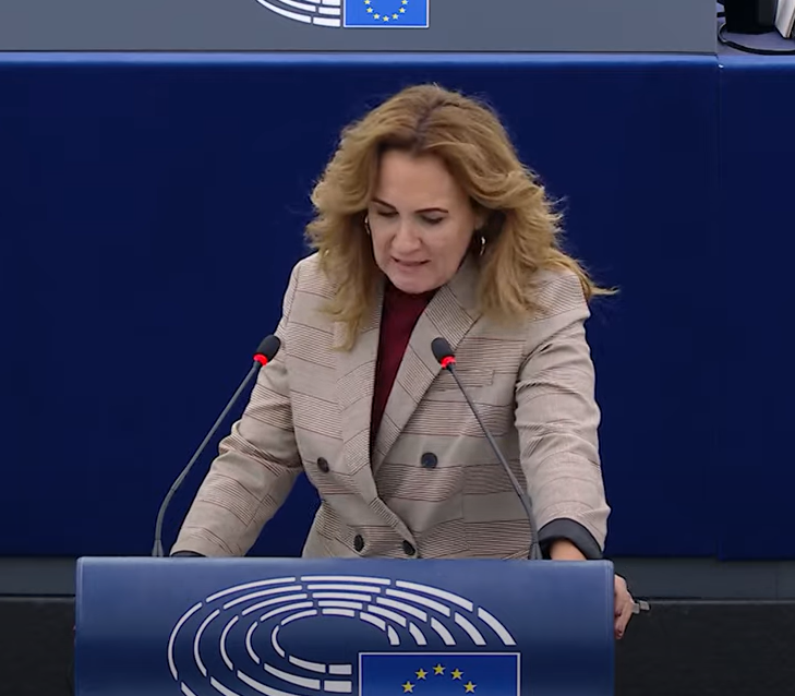 Spanish MEP Estrella Galan Perez criticizes the Italian government's Albania plan during an EU Debate in the parliament on Wednesday (October 23) | Source: Screenshot EU Debates TV