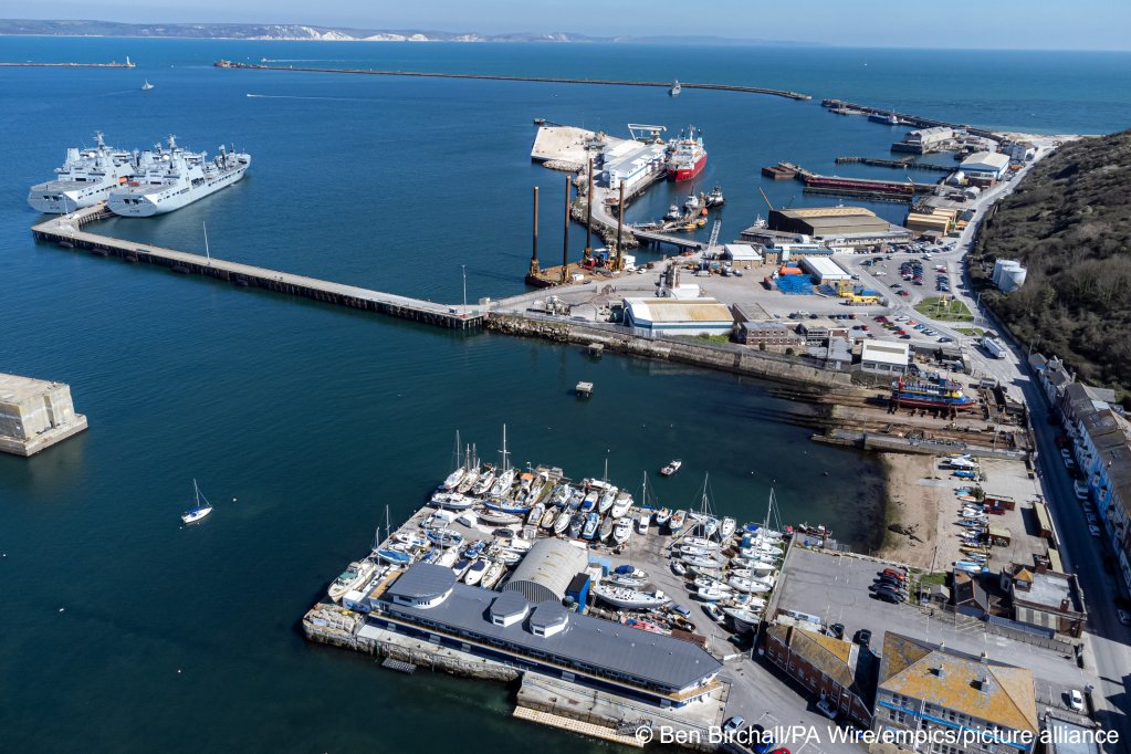 An aerial view of Portland Port in the UK where the Bibby Stockholm barge will be berthed | Photo: Ben Birchall / PA / empics / picture alliance