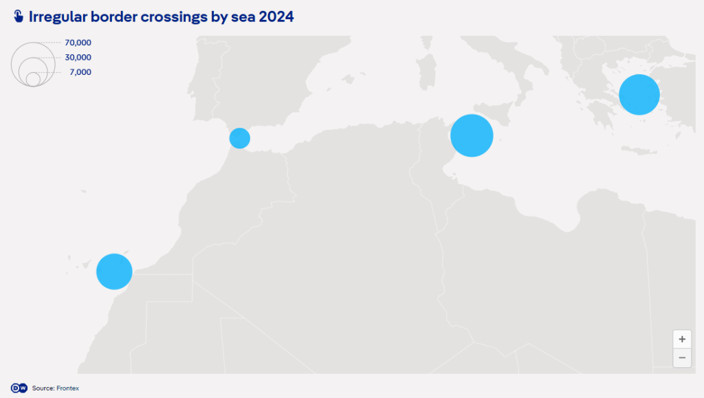 A map showing irregular border crossings by sea in 2024 | Source: Frontex / DW