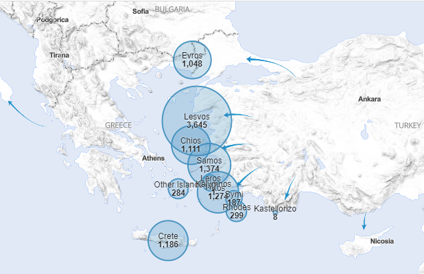 A map from UNHCR with figures last updated on March 31 2024 show how many migrants have arrived on which islands since the beginning of the year | Source: UNHCR data on migration in eastern Mediterranean www.data.unhcr.org