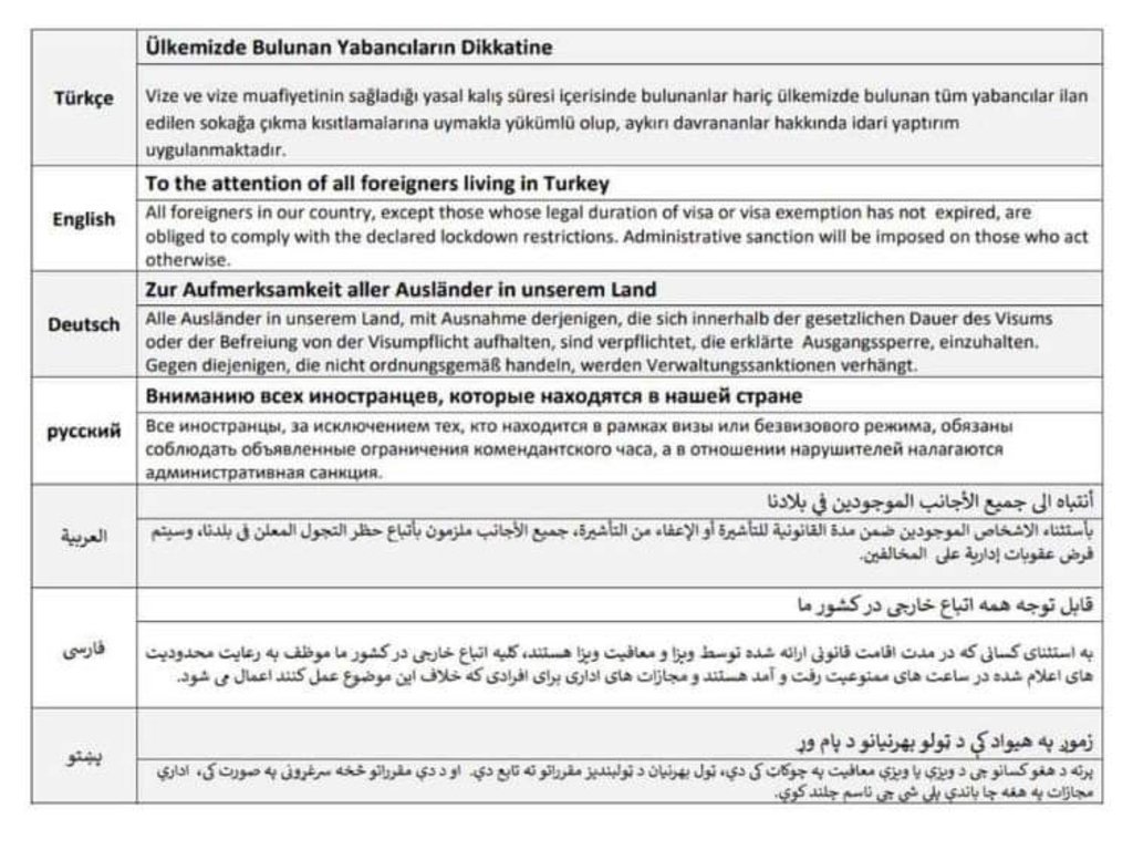 صورة تناقلها صحافيون ومهاجرون في تركيا، قالوا إنها للتعميم الذي نشرته السلطات التركية بخصوص وجوب التزام الأجانب بالحجر الصحي. المصدر: أرسلها أحد الصحفيين
