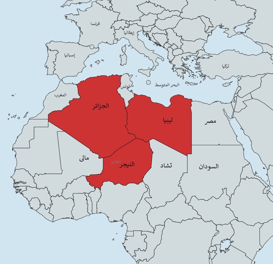 خريطة توضح الحدود بين الجزائر وليبيا والنيجر