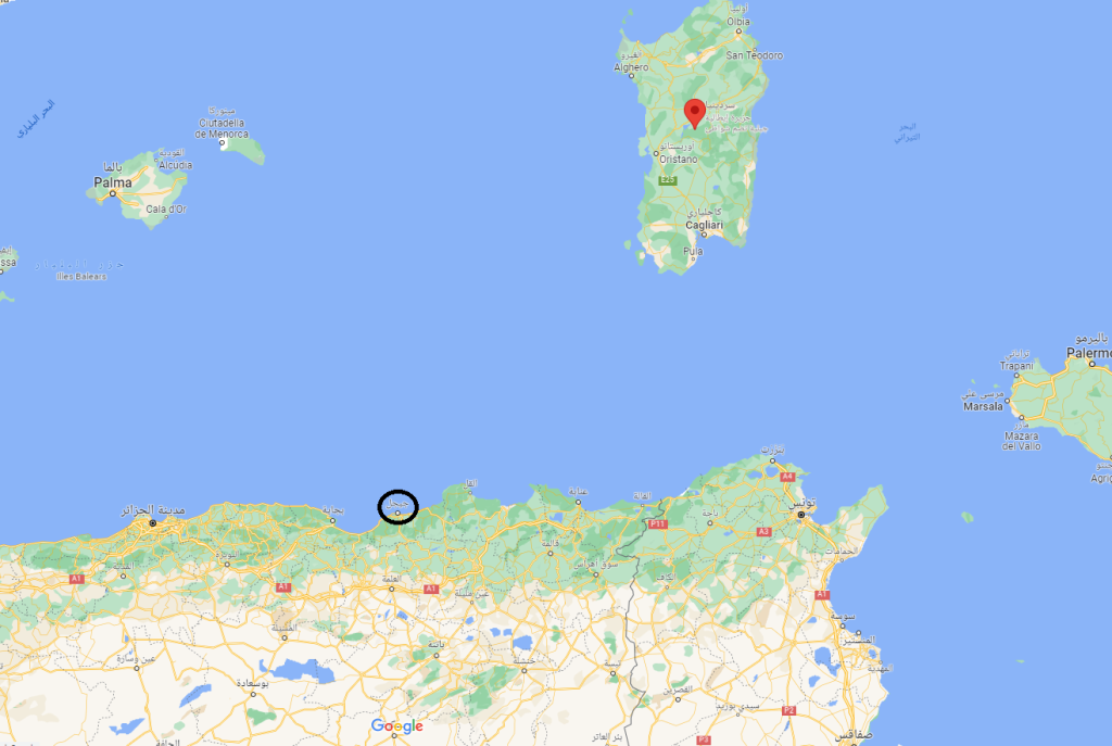 خريطة جوجل/البحر الفاصل بين الجزائر والسواحل الأوروبية.