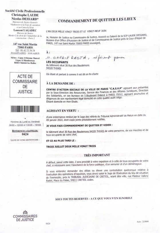 Le document annonçant l'expulsion du squat de Thiais au 3 juillet 2023. Crédit : DR