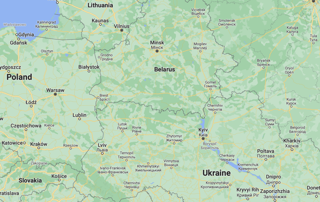 Migrants on the border of Belarus and Poland might head south to Ukraine to seek new routes into the EU | Source: Google Maps