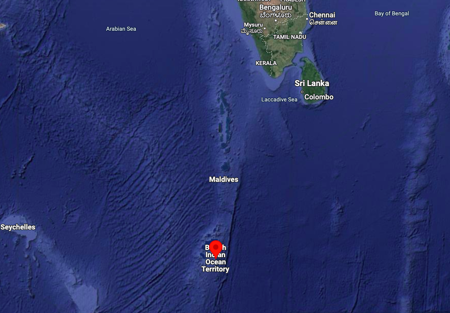 Diego Garcia is the largest island of the Chagos Archipelago and is situated in the Indian Ocean about 1700km south of Sri Lanka. The 27km atoll houses a US-UK military base and is a British territory. | Screenshot: Google Maps
