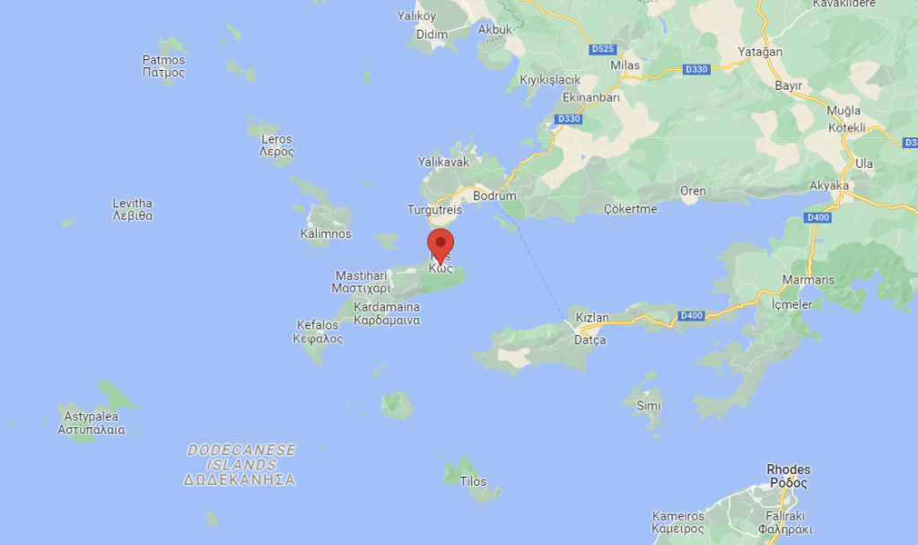 Map of the Greek Aegean island of Kos (red marker) and mainland Turkey | Source: Google Maps