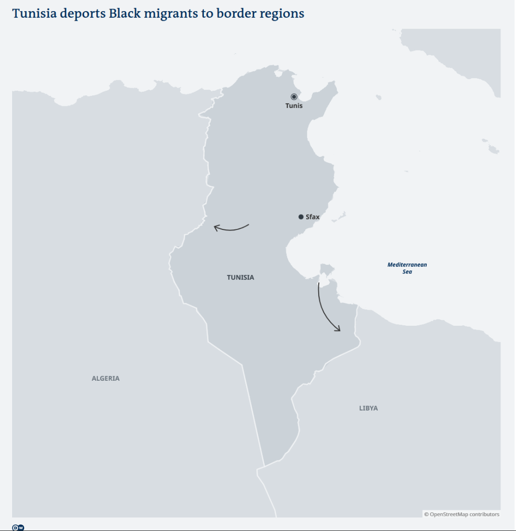 The map shows the border regions where sub-Saharan African migrants are being deported by Tunisian authorities according to reports | Source: OpenstreetMap contributors