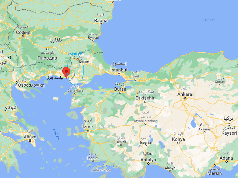نهر إيفروس الحدودي بين اليونان وتركيا. خريطة جوجل