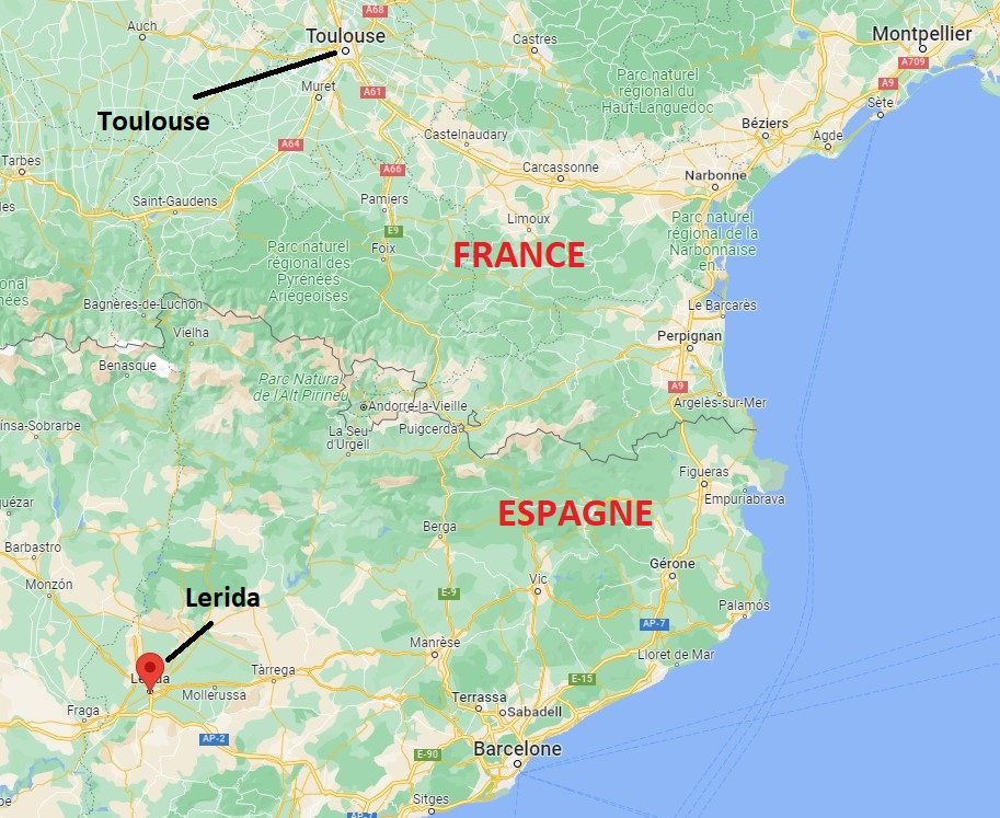 Les passeurs prenaient la route de Lerida à Toulouse. Crédit : Google maps