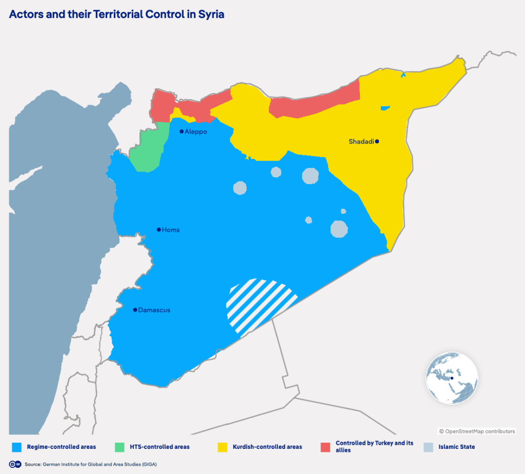 Map showing control of territories in Syria in 2024