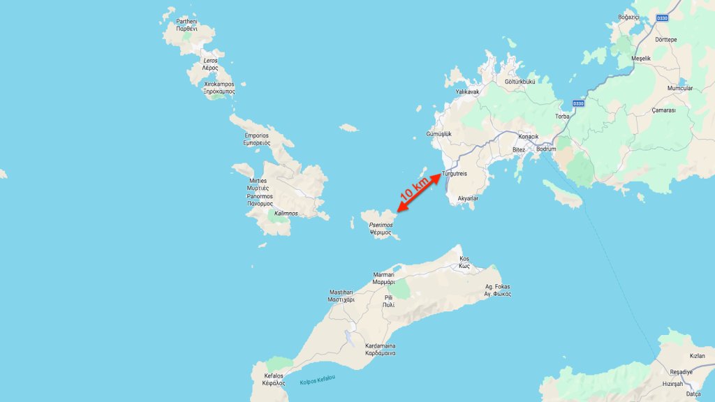 The short distance from Turgutreis (Turkey) to Pserimos (Greece) is nevertheless a dangerous migration route | Screenshot: GoogleMaps
