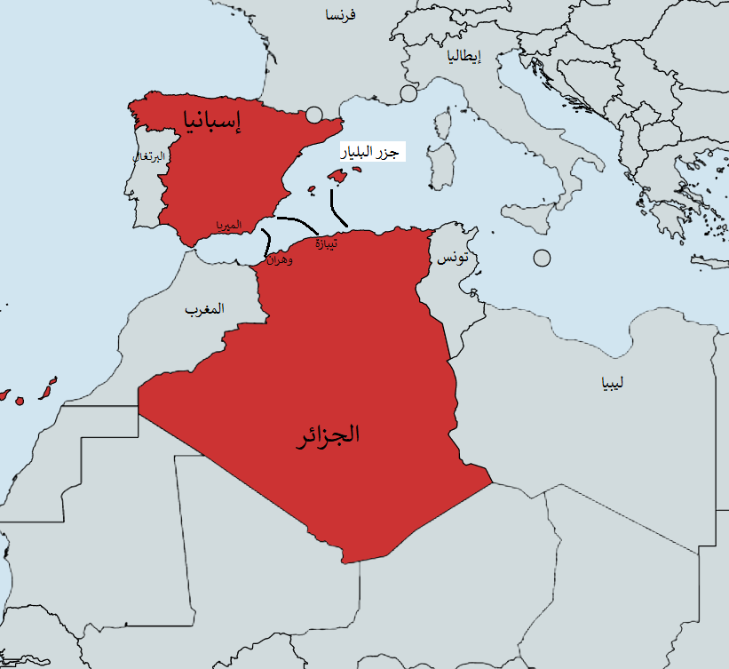 خريطة توضيحية لمسار رحلات الهجرة من الجزائر إلى إسبانيا