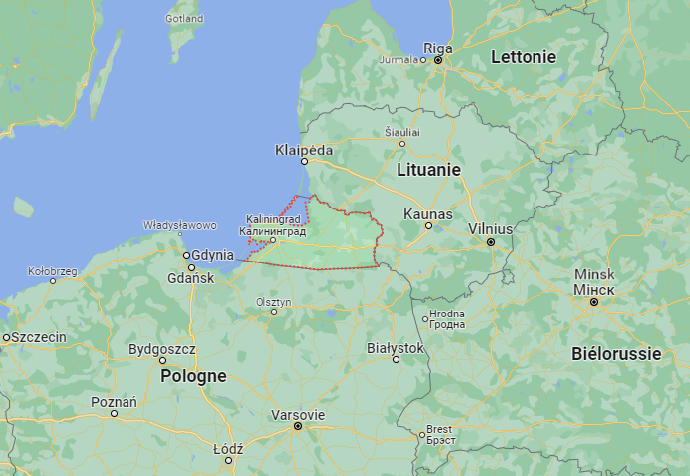 L'oblast de Kaliningrad, situé entre la Pologne et la Lituanie. Crédit : Capture d'écran / Google Maps.