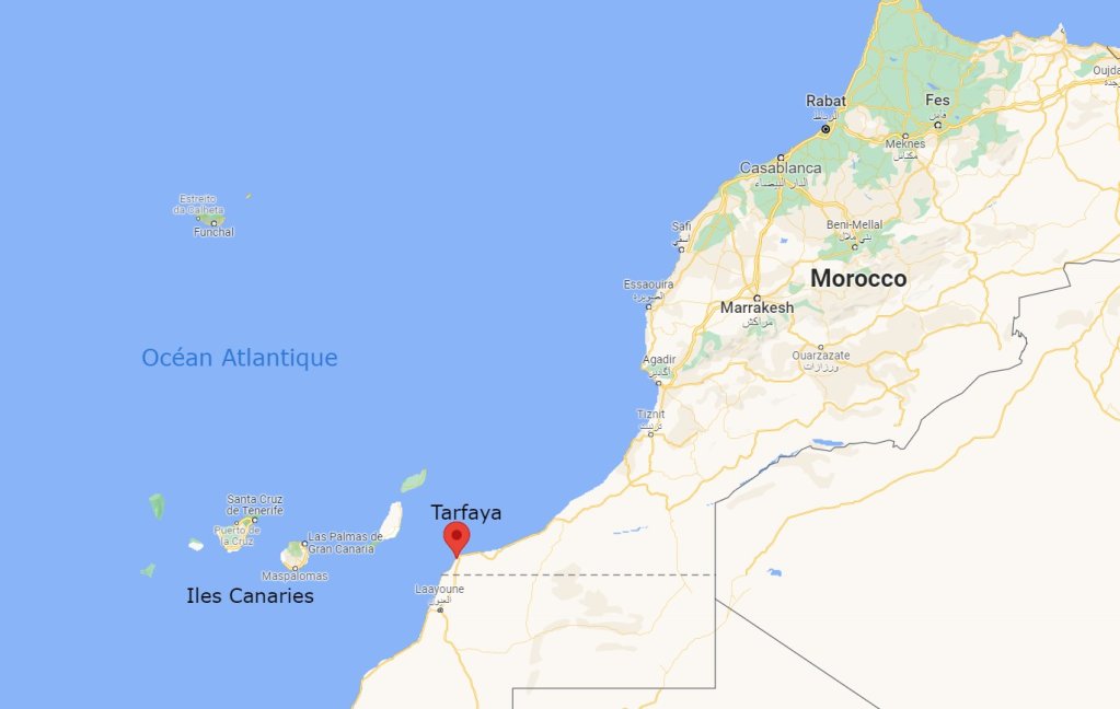 Tarfaya est située à une centaine de kilomètres des Canaries. Crédit : Google map
