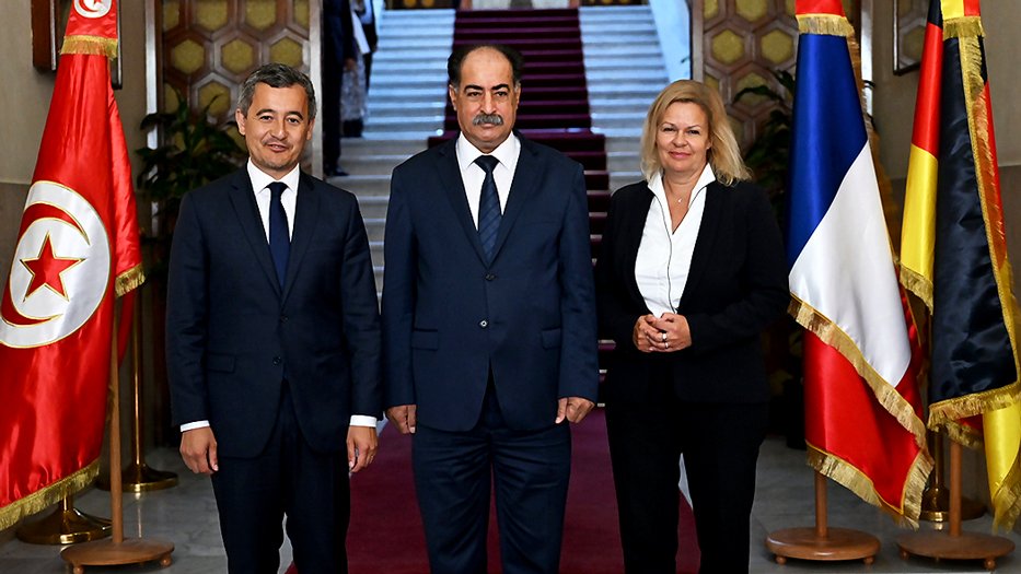 French Interior Minister Gérald Darmanin with his Tunisian counterparts Kamal Feki and Nancy Faeser meet in the Tunisian capital Tunis to talk about migration | Photo: Laurin Schmid / German Interior Ministry Press Office