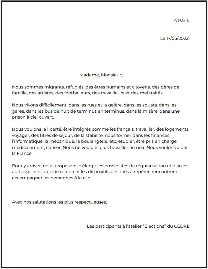 Photo de la lettre envoyée aux candidats de la 16e circonscription de Paris. Crédit : DR
