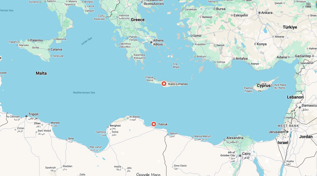 Map showing the port town of Kaloi Limenes on the Greek island of Crete and the city of Tobruk in Libya, a distance of around 330 kilometers | Screenshot: Google Maps