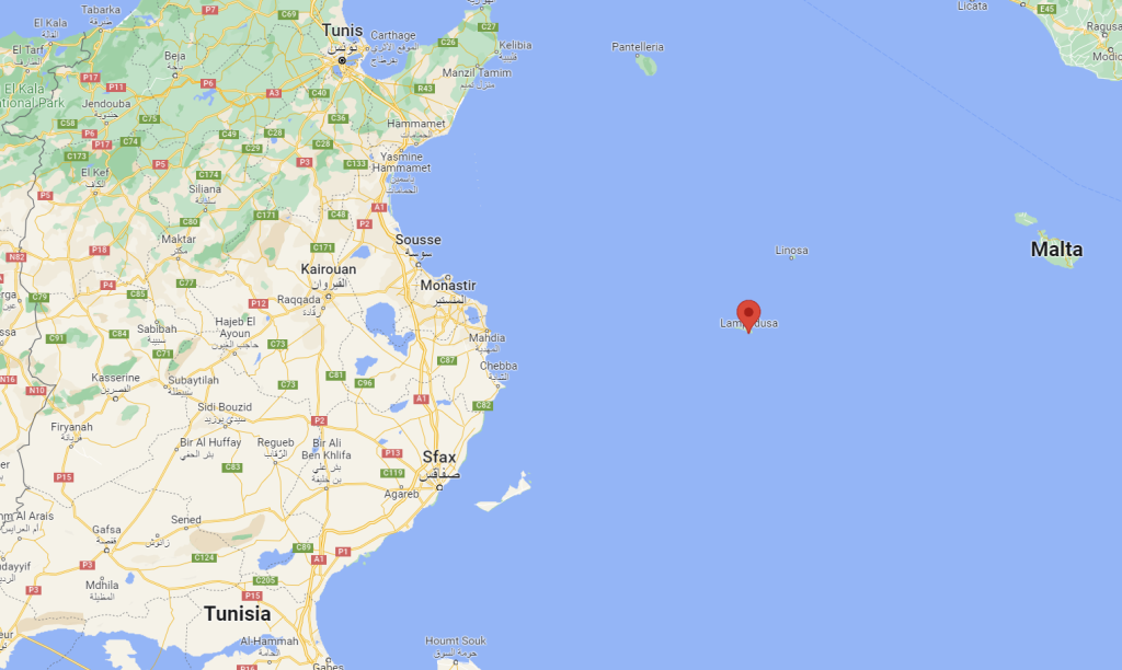 Map showing the Italian island of Lampedusa (red marker), the Tunisian port city of Sfax and Malta | Source: Google Maps