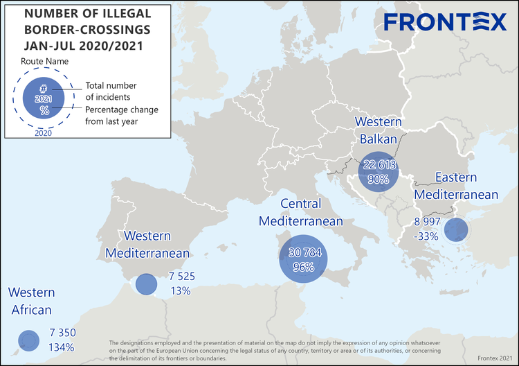 A map supplied by Frontex showing crossing points into Europe and the numbers of registered arrivals from January to July 2021 | Source: Frontex Press Office