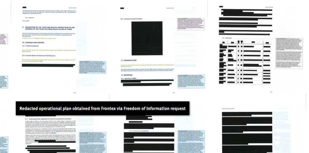 HRW and Border Forensics requested information from Frontex but received heavily redacted reports | Source: Screenshot of redacted reports from HRW / Border Forensics Aerial Surveillance report