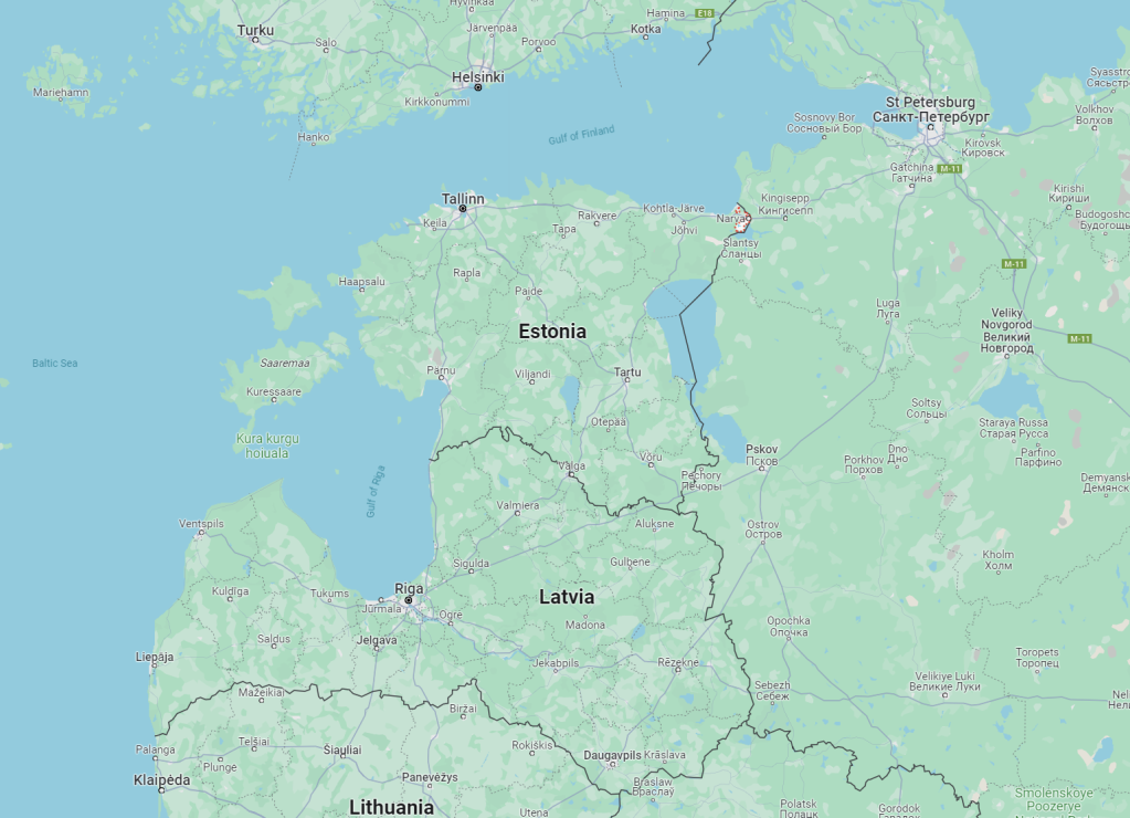 Map showing Lithuania, Latvia and Estonia with the Estonian border city of Narva on the Russian border | Source: Google Maps