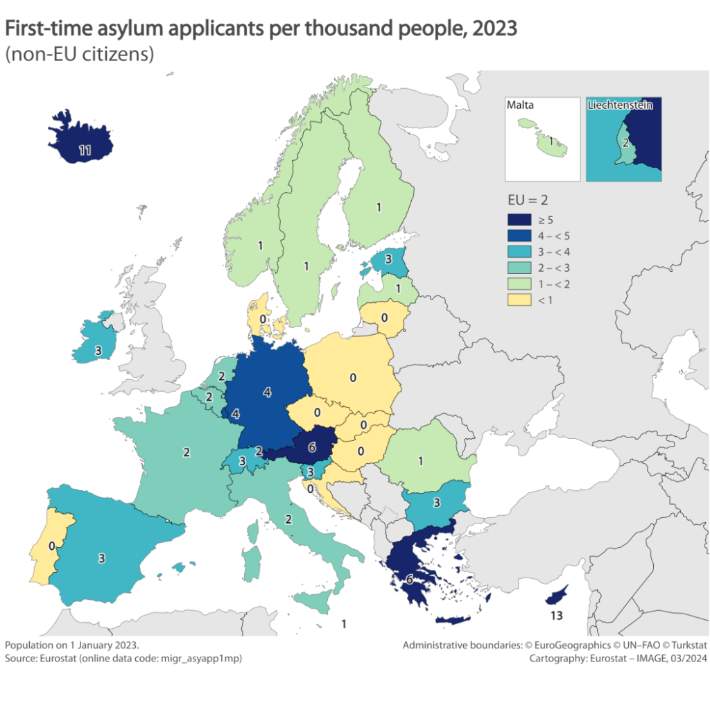 This map shows that Finland (top right) was among the EU countries with the lowest number of per capita asylum applicants last year | Source: Eurostat