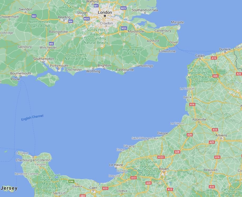 English Channel between northern France and southern Britain | Source: Google Maps