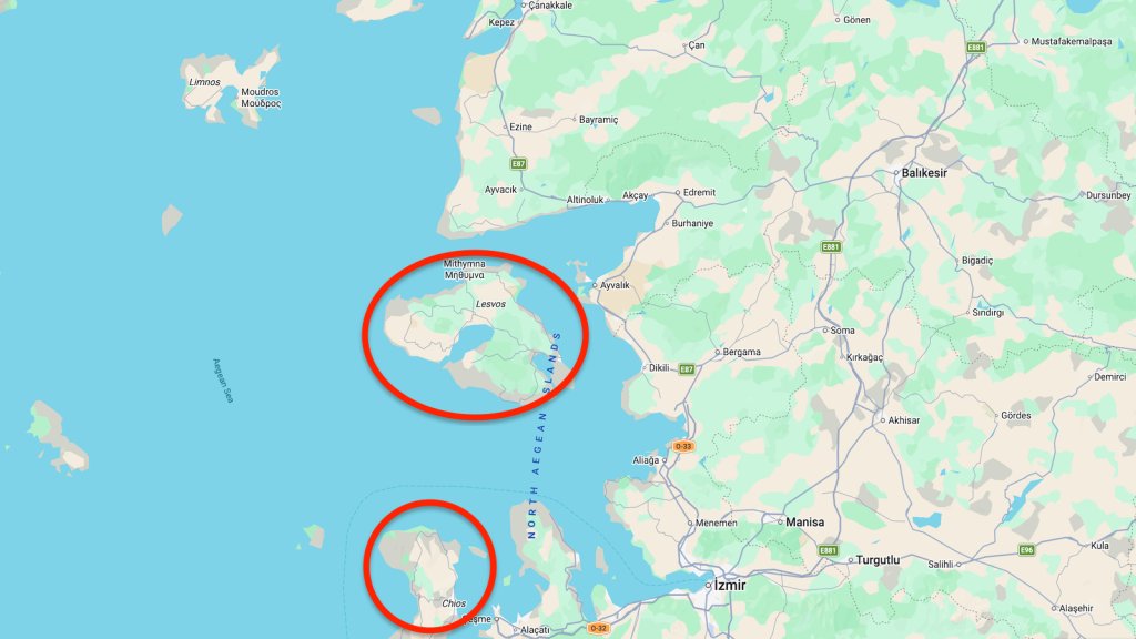 The North Aegean islands of Lesbos and Chios are located just mere kilometers away from the Turkish coast | Source: Google Maps