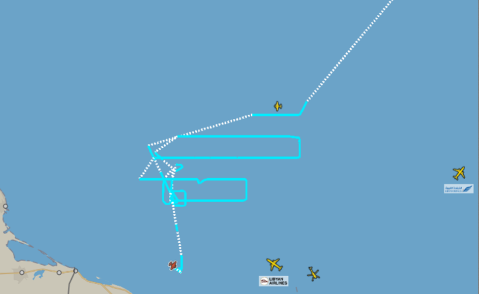 A screenshot of the Alarm Phone report showing the route taken by Frontex' plane Osprey 1 whilst searching for the migrant boat which caught fire. Tracking registered at 08.50am March 18 | Source: Alarm Phone
