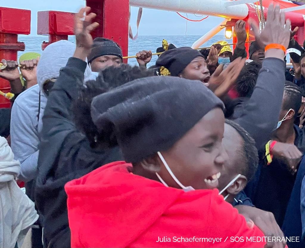 Relief on board the Ocean Viking after hearing of the possibility of disembarkation in Sicily | Photo: Julia Schaefermeyer / SOS Mediteranee from twitter feed @SOSMedIntl